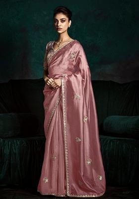 Bush Pink Hand Embroidered Tissue Silk Saree Set