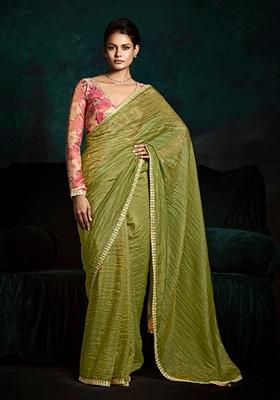 Olive Green Hand Embroidered Tissue Silk Saree Set