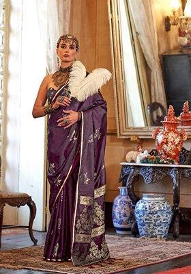Wine Woven Satin Saree Set