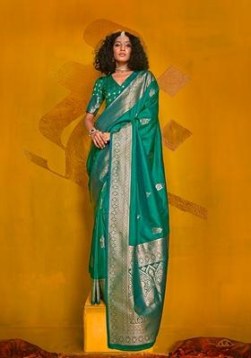 Turquoise Woven Silk Blend Saree Set