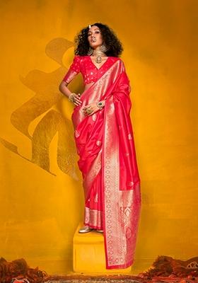 Red Woven Silk Blend Saree Set