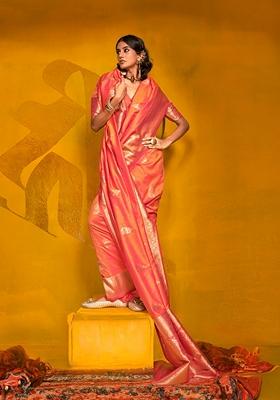 Peach Woven Silk Blend Saree Set