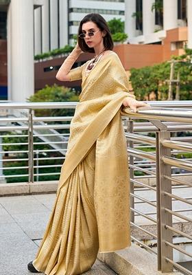 Beige Woven Art Silk Saree Set