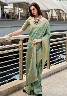 Teal Woven Art Silk Saree Set