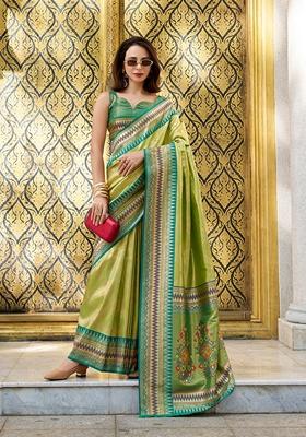 Parrot Green Woven Tissue Saree Set