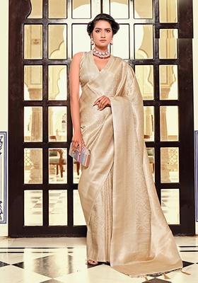 Cream Woven Silk Blend Saree Set