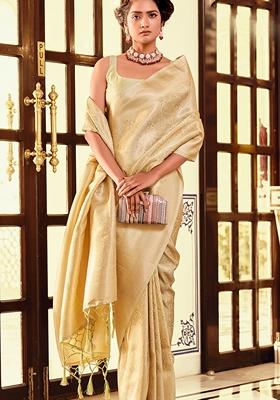 Golden Woven Silk Blend Saree Set