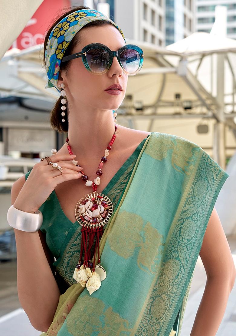 Teal Woven Art Silk Saree Set