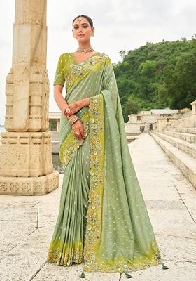 Light Green Embroidered Faux Viscose Saree Set
