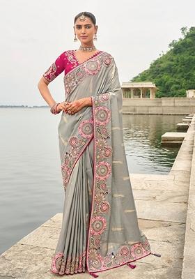 Light Grey Embroidered Faux Viscose Saree Set