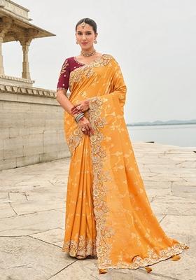 Light Orange Embroidered Faux Viscose Saree Set