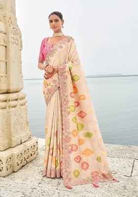 Beige Embroidered Faux Viscose Saree Set