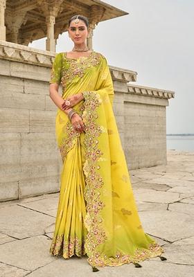 Lime Yellow Embroidered Faux Viscose Saree Set