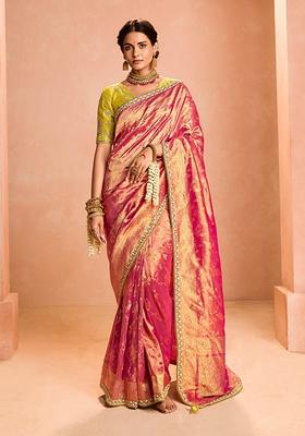 Rani Pink Embroidered Silk Blend Saree Set