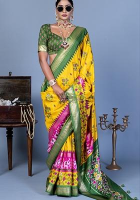 Yellow Printed Silk Blend Saree Set