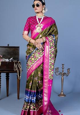 Mehendi Printed Silk Blend Saree Set