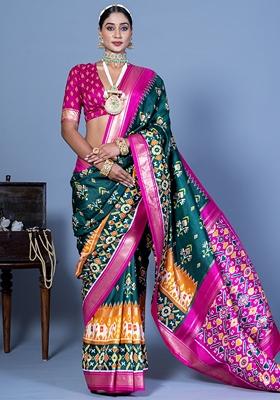 Teal Printed Silk Blend Saree Set