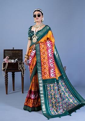 Amber Orange Printed Silk Blend Saree Set