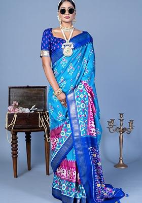 Blue Printed Silk Blend Saree Set