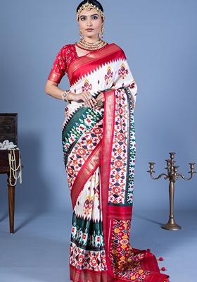 White Printed Silk Blend Saree Set
