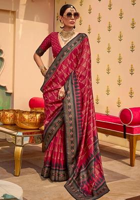 Maroon Printed Silk Blend Saree Set