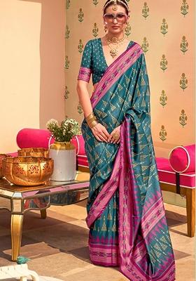 Teal Printed Silk Blend Saree Set