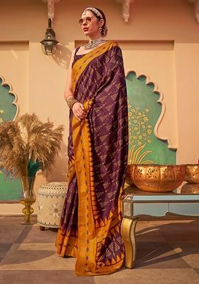 Brown Printed Silk Blend Saree Set
