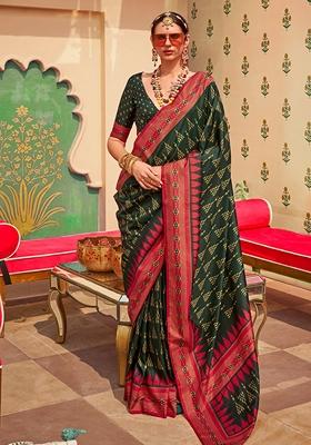 Green Printed Silk Blend Saree Set