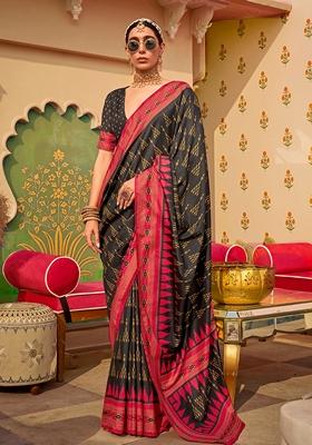 Black Printed Silk Blend Saree Set