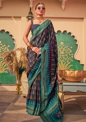 Blue Printed Silk Blend Saree Set