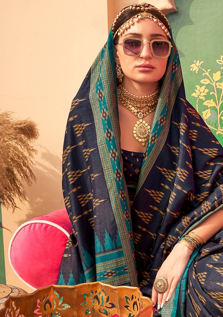 Blue Printed Silk Blend Saree Set