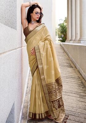 Cream Printed Silk Blend Saree Set