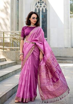Pink Printed Silk Blend Saree Set