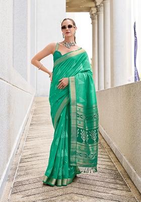 Teal Printed Silk Blend Saree Set