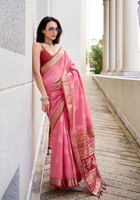Light Pink Printed Silk Blend Saree Set