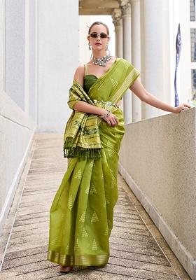 Olive Printed Silk Blend Saree Set