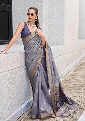 Grey Printed Silk Blend Saree Set
