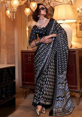 Multicolor Printed Satin Saree Set