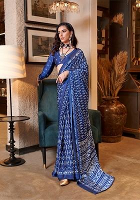 Multicolor Printed Satin Saree Set