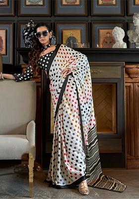 Multicolor Printed Satin Saree Set