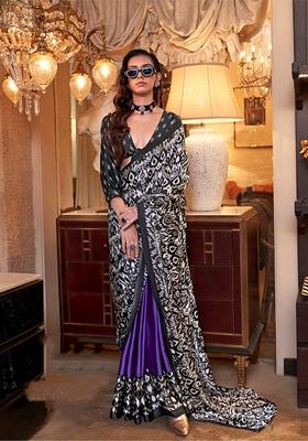 Multicolor Printed Satin Saree Set