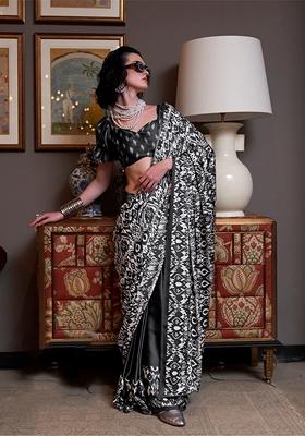 Multicolor Printed Satin Saree Set