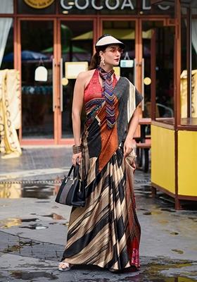 Multicolor Printed Satin Saree Set