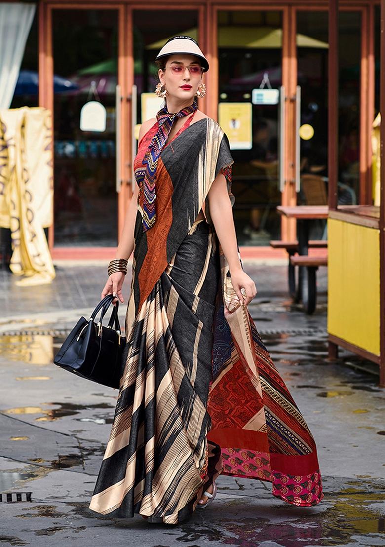 Multicolor Printed Satin Saree Set