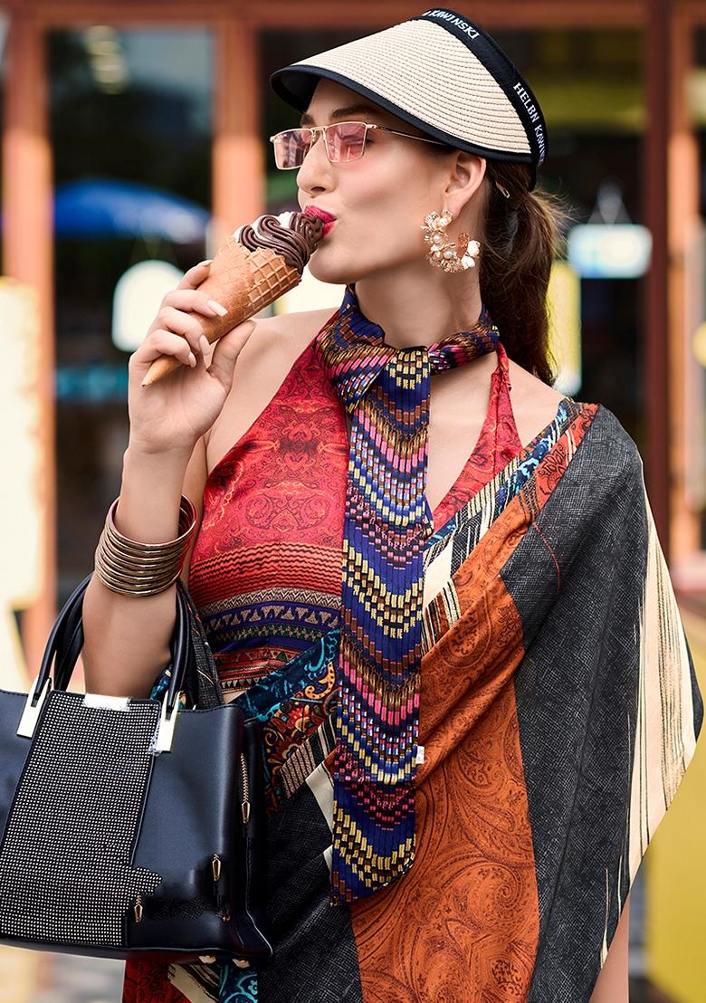 Multicolor Printed Satin Saree Set