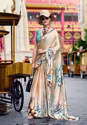 Multicolor Printed Satin Saree Set