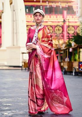 Multicolor Printed Satin Saree Set