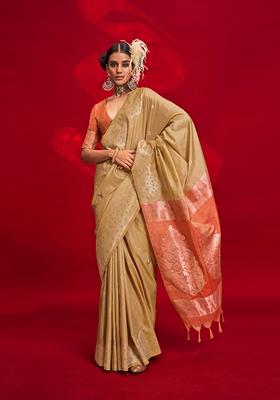Beige Woven Art Silk Saree Set