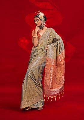 Grey Woven Art Silk Saree Set