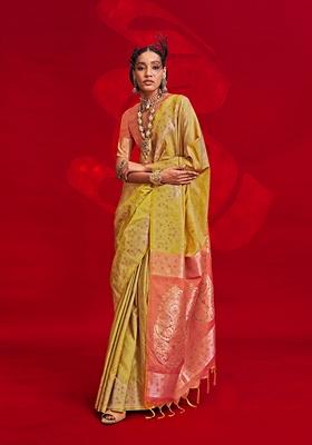 Mustard Woven Art Silk Saree Set
